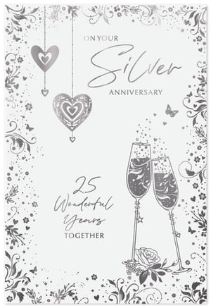 Celebrate a quarter-century of love with our exquisite 'Your Silver Wedding Anniversary' card from Simon Elvin. This beautifully designed card captures the essence of 25 wonderful years together, featuring elegant silver accents and intricate detailing. Delicate hanging hearts, sparkling champagne flutes, and graceful floral motifs create a truly special tribute to enduring love. The card's sophisticated silver theme makes it a perfect choice for couples marking this significant milestone. Stock up on this popular design, available in a convenient pack of 6, and offer your customers a truly memorable way to congratulate loved ones on their silver anniversary.