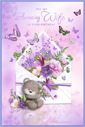 Offer your customers a truly special way to celebrate their wives with this beautiful birthday card from Simon Elvin. This delightful design features a calming lavender and purple colour scheme, enhanced by graceful butterflies. An open envelope reveals a charming display of flowers, including lavender, peonies, and clematis, creating a wonderfully romantic scene. A sweet, fluffy teddy bear sits at the base, holding a small bouquet, adding an endearing touch. The clear message, "FOR MY Amazing Wife ON YOUR BIRTHDAY," conveys a heartfelt sentiment. Perfect for any retailer, this lovely card is available in a convenient pack size of 1x6.