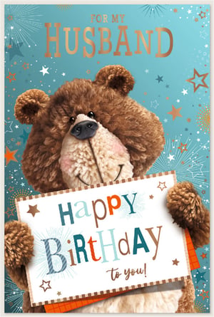 Make your husband's birthday extra special with this adorable card from Simon Elvin. Featuring a charming brown teddy bear holding a 'Happy Birthday to you!' sign, it's sure to bring a smile to his face. The vibrant teal background is adorned with sparkling stars and celebratory bursts, perfectly complementing the warm 'FOR MY HUSBAND' message in elegant gold lettering. Inside, the playful mix of colours and fonts on the birthday message adds a delightful touch. This heartwarming design is perfect for conveying your love and best wishes. Available in a convenient pack of 6, ensuring you're stocked up for this popular choice.