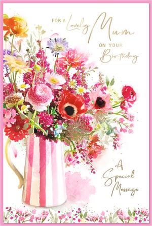 Celebrate Mum's special day with this exquisite birthday card from Simon Elvin. Featuring a stunning watercolour illustration, this card showcases a vibrant bouquet of wildflowers in a charming striped jug, bursting with shades of pink, red, orange, and purple. The delicate artistry and warm colour palette create a truly lovely and heartfelt design, perfect for expressing love and appreciation. With elegant gold foil lettering, the message 'For a Lovely Mum on Your Birthday' adds a touch of sophistication. This beautiful card is sure to bring a smile to any mother's face. Available in a convenient pack of 6, it's an ideal addition to your greeting card selection.