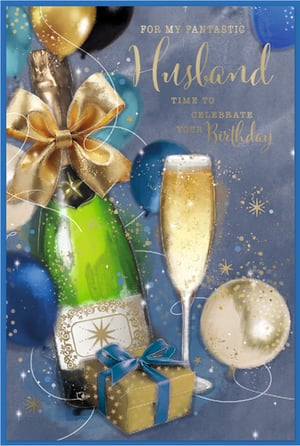 Celebrate that special man with this stunning 'Husband' birthday card from Simon Elvin. This elegant design beautifully captures the joy of a birthday celebration, featuring a sparkling champagne bottle and flute, alongside sophisticated gold and blue balloons and a charming gift box. The heartfelt message, 'For My Fantastic Husband, Time to Celebrate Your Birthday', is sure to make him feel truly cherished. Perfect for retailers looking to offer premium birthday greetings, these high-quality cards come in a convenient pack of 6, ensuring your shelves are well-stocked for every occasion.