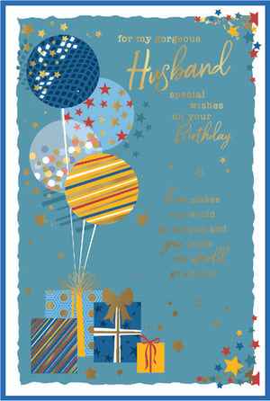 Surprise your amazing husband on his special day with this delightful birthday card from Simon Elvin. Set against a stylish blue backdrop, the card features an eye-catching design of celebratory balloons in various patterns, alongside beautifully wrapped gifts and sparkling gold stars. The loving message inside reads, "for my gorgeous Husband, special wishes on your Birthday. Love makes the world go around and you make my world go around." This card perfectly blends contemporary design with a heartfelt sentiment, making it a wonderful choice for expressing your affection. Stock up with this convenient pack of 6, ensuring you have the perfect card for every loving wife to give her husband.