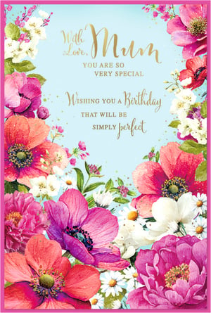 Help your customers celebrate their wonderful Mum with this exquisite birthday card from Simon Elvin. Featuring a breathtaking watercolour design, the card is bursting with vibrant pink, red, and purple flowers, complemented by delicate white blossoms, all set against a soft blue sky. Elegant gold foil lettering beautifully highlights the loving message: 'With Love, Mum, YOU ARE SO VERY SPECIAL, WISHING YOU A Birthday THAT WILL BE SIMPLY perfect'. This card offers a truly heartfelt way to show appreciation and make any Mum feel cherished on her special day. Stock up on this popular design, available in a convenient pack of 6.