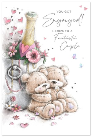 Celebrate the wonderful news of an engagement with this delightful card from Simon Elvin. The charming design features two adorable teddy bears, clinking champagne flutes in a sweet embrace, perfectly capturing the joy of the occasion. A bottle of bubbly chills in an ice bucket, adorned with pretty pink flowers and loving hearts, adding to the festive atmosphere. The card's warm message, 'YOU GOT Engaged! HERE'S TO A Fantastic Couple', makes it an ideal choice for congratulating the happy pair. This lovely card is sure to be cherished by the recipients. Available in a convenient pack of 6.