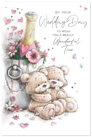 Celebrate their special day with our delightful 'Wedding Day' card, brought to you by Simon Elvin. This beautifully illustrated card captures the essence of romance and joy, featuring two adorable teddy bears clinking champagne glasses. They are nestled beside a sparkling champagne bottle in an ice bucket, adorned with pretty pink flowers and scattered hearts. The elegant message, "On Your Wedding Day, To Wish You A Really Wonderful Time," is complemented by whimsical butterflies, adding a touch of magic. Perfect for wishing any happy couple a truly memorable celebration. Each pack contains 6 cards, ready to charm your customers.