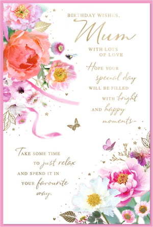 Make Mum's birthday truly special with this beautiful card from Simon Elvin. Featuring a delightful watercolour design of vibrant flowers in shades of pink, peach, and white, enhanced with shimmering gold foil details and delicate butterflies, it's a truly elegant choice. The heartfelt message inside wishes her a day 'WITH LOTS OF LOVE' and hopes her 'special day WILL BE FILLED WITH bright AND happy moments'. It also encourages her to 'TAKE SOME TIME To just relax AND SPEND IT IN YOUR favourite way.' This charming card is perfect for showing your appreciation. Available in a convenient pack of 6.