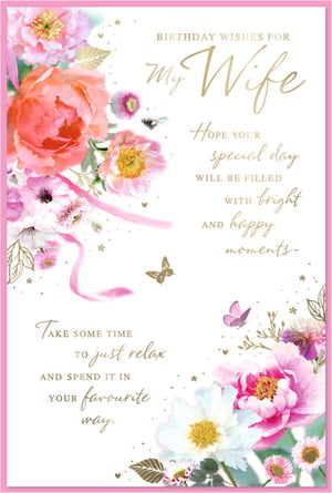 Celebrate your wonderful wife with this exquisite birthday card from Simon Elvin. This charming design features a beautiful watercolour floral arrangement in soft pinks, peaches, and purples, enhanced with elegant gold foil details and a delicate pink ribbon. The loving message inside wishes her a day "filled with bright and happy moments" and encourages her to "relax and spend it in your favourite way." It's a truly thoughtful way to express your affection. Stock up with our convenient pack of 6 cards, perfect for your retail display.