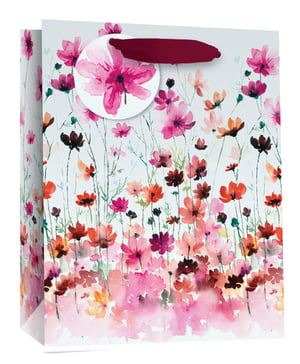 Introduce a touch of artistic charm to your giftware selection with our Large Floral Gift Bag, proudly supplied by Simon Elvin. This exquisite bag showcases a captivating watercolour design, depicting a vibrant meadow scene alive with delicate blooms. Hues of radiant pink, warm orange, and rich fuchsia blend beautifully, creating an elegant and cheerful aesthetic.
Perfect for any special occasion, from birthdays to anniversaries, its generous size accommodates a variety of gifts. Each bag is thoughtfully finished with a luxurious burgundy ribbon handle and a delightful circular tag featuring a prominent flower. Offer your customers a truly memorable way to present their gifts. Available in a practical pack of 6, this beautiful bag is sure to be a popular choice.