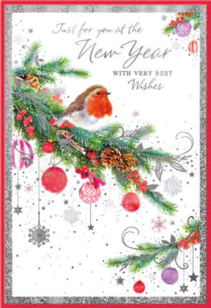 Welcome the New Year with these charming cards from Simon Elvin. This delightful design features a friendly robin perched on a snow-dusted fir branch, adorned with festive red berries, pinecones, and sparkling baubles. The elegant message, "Just for you at the New Year WITH VERY BEST Wishes," is beautifully framed by a glittery red border, adding a touch of seasonal magic. Perfect for spreading warmth and good cheer, these cards are sure to be a favourite with your customers. Available in a convenient pack of 6, they offer excellent value for your retail offering. Stock up on these lovely New Year cards today!