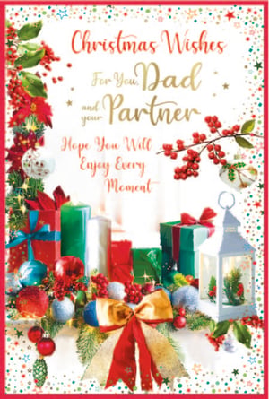 Offer your customers a truly special way to send festive greetings with this charming 'Dad & Partner' Christmas card from Simon Elvin. This beautifully designed card captures the essence of Christmas with its traditional imagery. Adorned with rich red berries, lush green foliage, sparkling baubles, and elegantly wrapped gifts, it creates a warm and inviting scene. The heartfelt message, 'Christmas Wishes For You, Dad and your Partner Hope You Will Enjoy Every Moment,' is printed in a lovely script, perfect for conveying seasonal joy. As a popular choice for families, this high-quality card is supplied in a convenient pack of 6, making it an excellent addition to your festive stock.
