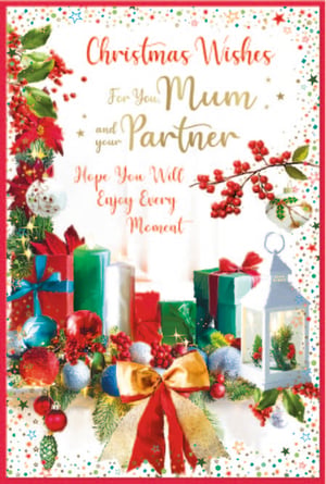Send warm "Christmas Wishes For You Mum and your Partner" with this delightful card from Simon Elvin. This festive design beautifully captures the spirit of the season, adorned with traditional decorations including shimmering baubles, vibrant red berries, lush green foliage, and elegantly wrapped gifts. A cosy lantern and glowing candles add to the inviting scene, while the heartfelt message "Hope You Will Enjoy Every Moment" expresses genuine sentiment. Perfect for showing love and appreciation, this card is an ideal choice for customers looking to send special Christmas greetings. Supplied in a convenient pack of 6, it's ready to bring festive cheer to your shelves.