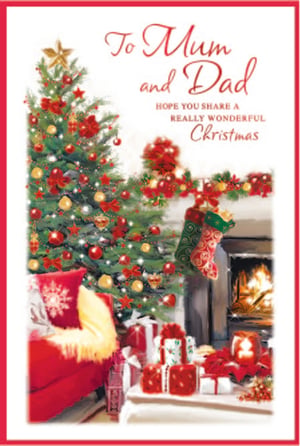 Help your customers celebrate their parents this festive season with our charming 'Mum & Dad' Christmas card, proudly brought to you by Simon Elvin. This delightful card features a heartwarming, traditional Christmas scene, complete with a beautifully decorated tree adorned with red bows and golden baubles, a cosy fireplace aglow with a crackling fire, and festive stockings hanging above. Piles of thoughtfully wrapped gifts add to the joyful atmosphere. The card carries the loving message, "Hope you share a really wonderful Christmas," making it the perfect choice for Mums and Dads. Each pack contains 6 cards, ready to bring warmth and cheer.