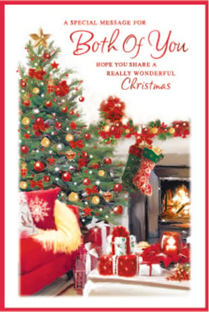 Offer your customers the perfect way to send warm festive wishes with this delightful 'To Both Of You' Christmas card from Simon Elvin. Featuring a beautifully decorated Christmas tree, a crackling fireplace, and an abundance of presents, this card captures the true spirit of the season. The cosy scene, complete with a comfortable armchair and twinkling lights, evokes a sense of warmth and togetherness. It's an ideal choice for couples, conveying a heartfelt message for a 'really wonderful Christmas'. Stock up on this charming design, available in a convenient 1x6 pack, and help your customers share the joy this holiday season.