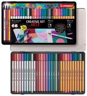 Unleash a world of colour and creativity with the Stabilo Arty Metal Wallet Creative Arty Set! This comprehensive single pack from Stabilo is a must-have for any art enthusiast, offering a versatile selection of 30 premium pens. Housed in a durable metal tin, the set includes 10 vibrant Stabilo Pen 68 brush pens for dynamic strokes, 10 classic Stabilo Pen 68 felt-tip pens for bold colouring, and 10 precise Stabilo point 88 fineliners for intricate details. Perfect for sketching, drawing, and adding watercolour effects, this set provides endless possibilities for artistic expression. Offer your customers the ultimate creative toolkit with this high-quality, all-in-one Stabilo collection.