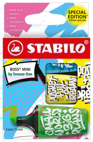 Add a splash of street art style to your stationery collection with the Stabilo Boss Mini By Snooze One 3 Pc Special Edition highlighters! Perfect for students, artists, and professionals alike, these compact mini highlighters combine Stabilo's renowned quality with the unique, vibrant designs of artist Snooze One.
This exclusive 3-piece set features eye-catching graffiti-inspired motifs, including phrases like "SMALL WORLD BIG PLANS," making highlighting a creative experience. Each mini highlighter offers a versatile 2mm and 5mm line width, ideal for both precise underlining and broad highlighting. As a special edition, they're a must-have for anyone who loves unique stationery.
Stock up your shelves with this exciting collection! Each wholesale pack contains 10 sets of these popular Stabilo Boss Mini highlighters, ensuring you're ready to meet demand for stylish and functional writing tools.