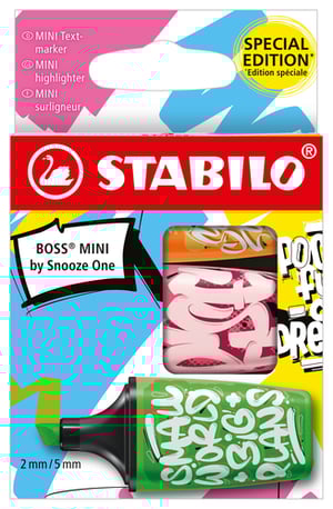 Add a splash of vibrant style to your stationery collection with the Stabilo Boss Mini By Snooze One 3 Pc set! This special edition brings an artistic edge to everyday highlighting. Designed in collaboration with Snooze One, each set contains three unique mini highlighters, featuring cool, graffiti-inspired artwork like the 'SMALL WORLD + BIG PLANS' design.
These compact highlighters are perfect for on-the-go use, offering a versatile 2mm and 5mm chisel tip for both precise marking and broader strokes. Ideal for students, artists, and anyone who appreciates distinctive stationery. Stock up your retail space with these eye-catching sets, available in a convenient 1x10 pack size from Stabilo.