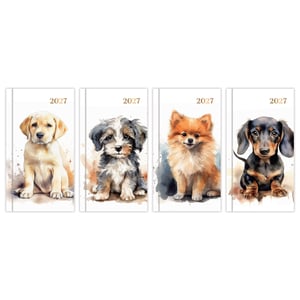 four puppies are sitting next to each other with the year 2026 on the bottom