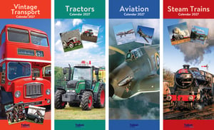 four different types of calendars including aviation vintage transport steam trains and tractors