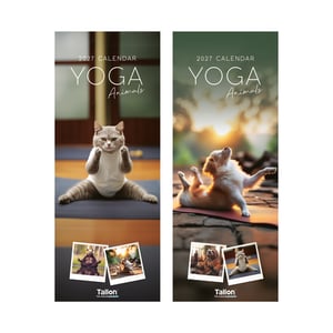 a cat and a dog sit on a yoga mat for the 2026 calendar