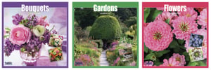 three calendars with flowers gardens and bouquets on them