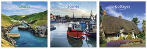three calendars with coasts cottages and scenes on them