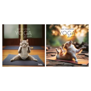 a cat and a dog are on the cover of a yoga calendar