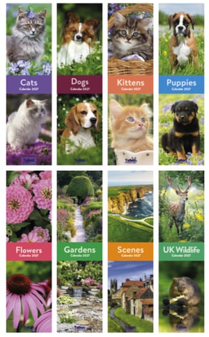 a row of calendars with pictures of cats and dogs