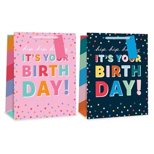 Make every birthday celebration brighter with these Extra Large It's Your Birthday Gift Bags from Tallon. This convenient pack of 12 includes two appealing designs. One bag features a cheerful pink background, while the other is a stylish navy, both adorned with playful confetti dots and colourful striped sides. Each bag clearly announces "IT'S YOUR BIRTH DAY!" in fun, multi-coloured lettering, helping your gifts stand out. Ideal for larger presents, these bags offer a festive and easy way to present your gifts. Ensure you're always prepared for any birthday occasion with this useful bulk pack.