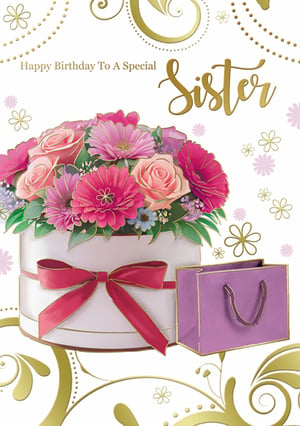 Make a sister's birthday extra special with this beautiful card from Xpress Yourself. Featuring a stunning arrangement of pink and fuchsia flowers nestled in an elegant white hatbox, complete with a charming red ribbon, this design exudes warmth and sophistication. A delightful little purple gift bag adds to the celebratory feel. The golden script "Happy Birthday To A Special Sister" is beautifully complemented by delicate floral accents and graceful gold swirls, creating a truly memorable greeting. Perfect for conveying heartfelt wishes, this high-quality card is sure to be cherished. Available in a convenient pack of 12, it's an ideal choice for retailers.