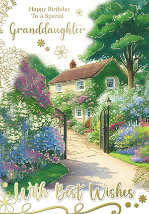 Celebrate your special granddaughter's birthday with this enchanting card from Xpress Yourself. Featuring a delightful cottage nestled amidst a vibrant, blooming garden, this design exudes warmth and charm. Delicate gold foil accents highlight the heartfelt message, 'Happy Birthday To A Special Granddaughter' and 'With Best Wishes', making it truly memorable. The picturesque scene, complete with a welcoming gate and winding path, creates a truly inviting feel. Perfect for conveying love and best wishes on her special day. Available in a convenient pack of 12.