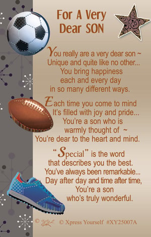 Show your appreciation with this heartwarming "For A Very Dear Son" card from Xpress Yourself. This beautifully designed card features a touching message, celebrating a son who is "unique and quite like no other," bringing happiness and joy. Adorned with sporty illustrations of a football, American football, and a cool trainer, it's perfect for sons who love sports. The heartfelt words convey pride and warmth, making it ideal for birthdays, achievements, or just to say "I love you." Stock this popular design in packs of 6 to offer your customers a truly special way to honour their wonderful sons.