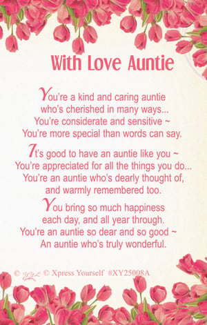 "With Love Auntie" Greeting Card - Pack of 6
Offer your customers a thoughtful way to celebrate their aunts with this "With Love Auntie" greeting card from Xpress Yourself. Featuring a lovely design of pink tulips, this card carries a warm message that expresses appreciation for a kind and caring aunt. The verse highlights her cherished nature, thoughtfulness, and the happiness she brings, making it suitable for various occasions. This card provides a special way for shoppers to convey their affection. Available in a convenient pack of 6, it's a valuable addition to your greeting card range.