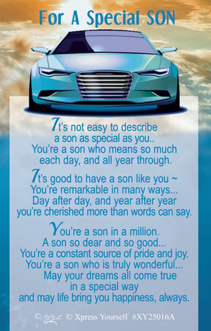Help your customers celebrate their amazing sons with this heartfelt 'Special Son' card from Xpress Yourself. Featuring a stylish blue car design, this card is perfect for sons of all ages who appreciate a modern touch. The touching message inside beautifully conveys love, pride, and warm wishes, reminding them they are truly cherished. Phrases like 'You're a son in a million' make this card an ideal choice for birthdays, achievements, or simply to show how much they mean. Available in a practical pack size of 1x6, ensure your shelves are stocked with this popular design.