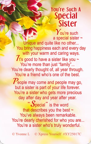 Celebrate the wonderful bond with our 'You're Such A Special Sister' card from Xpress Yourself. This beautiful design features a vibrant floral bouquet, perfectly complementing the heartfelt message. It beautifully expresses how unique and cherished a sister is, bringing happiness and being a friend for life. "Special" truly is the word that describes her best! This card offers a truly wonderful way to show appreciation for that remarkable sister. Available in a convenient pack of 6, it's an ideal choice for your customers seeking a meaningful way to celebrate their sisters.