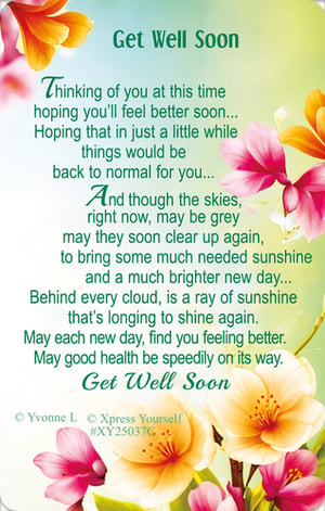 Send heartfelt wishes for a speedy recovery with our beautiful 'Get Well Soon' cards from Xpress Yourself. Featuring a delicate floral design in soft pinks and warm yellows, these cards offer a truly uplifting message. The thoughtful verse expresses hope for a quick return to normal, reminding the recipient that brighter days are ahead and good health is on its way. Perfect for showing you care and bringing a touch of sunshine to someone feeling unwell. Each pack contains 6 identical cards, making it easy to have a comforting message ready whenever needed. Brighten their day with this lovely gesture.