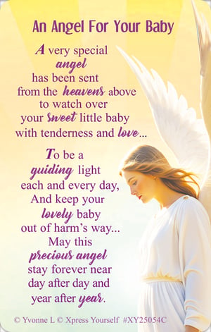 Introduce your customers to the heartwarming 'An Angel For Your Baby' card, a truly special way to celebrate a new arrival. This beautiful card, featuring a serene angel design, carries a tender message of love, protection, and guidance for a precious little one. It speaks of an angel sent from above to watch over the baby, offering a guiding light and keeping them safe from harm, day after day, year after year. Perfect for baby showers, christenings, or simply to welcome a new life, this card from Xpress Yourself is designed to convey the deepest sentiments. Available in a convenient pack of 6, it's an ideal addition to your greeting card selection, offering comfort and joy to new parents.
