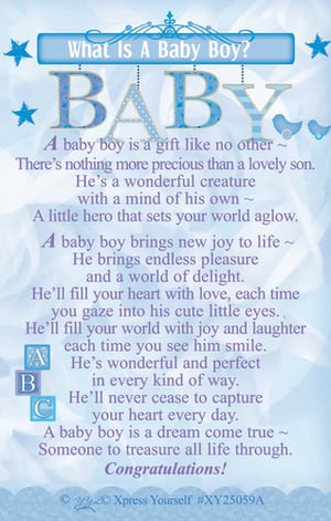 Welcome the newest addition with our delightful "What Is A Baby Boy?" card, a perfect choice for celebrating new arrivals. From Xpress Yourself, this charming card features a heartwarming poem that beautifully captures the joy and wonder a baby boy brings. With its gentle blue tones, playful stars, and classic ABC blocks, the design is both sweet and memorable. It's an ideal way for your customers to share their congratulations and express their love. Offer this wonderful keepsake in your store; available in a convenient pack of 6, it's sure to be a popular pick for baby showers and birth announcements.