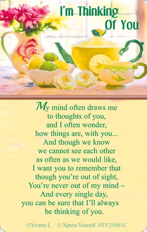 Brighten someone's day with our delightful 'I'm Thinking Of You' card from Xpress Yourself. This charming design features a vibrant tea-time scene, complete with cheerful lemons, limes, and beautiful flowers, creating a truly uplifting visual.
Inside, a heartfelt poem gently reminds the recipient that they are always in your thoughts, even when distance keeps you apart. It’s the perfect way to send warmth, comfort, and a loving message of remembrance. Ideal for friends, family, or anyone you're missing, this card conveys genuine affection. Stock up with our convenient pack of 6 and ensure your customers can always find the perfect way to express their care.