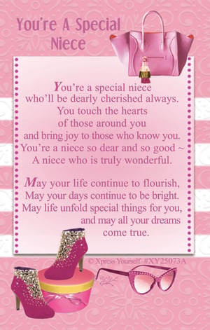 Celebrate the wonderful niece in your life with this charming "You're A Special Niece" card from Xpress Yourself. This beautifully designed card features a heartfelt message that expresses deep love and appreciation, letting her know she's cherished always and brings joy to those around her. The elegant pink design, complete with a stylish handbag, dazzling high-heeled boots, and chic sunglasses, adds a touch of glamour. It's the perfect way to wish her a life filled with flourishing dreams and special moments. Ideal for birthdays, achievements, or simply to show you care. Stock up with our convenient pack of 6 and offer your customers a truly special way to honour their nieces.