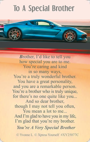 Celebrate the amazing bond with a brother using our "Special Brother" card from Xpress Yourself. This eye-catching design features a sleek blue sports car, making it a perfect choice for brothers who appreciate a touch of style and speed. Inside, a beautifully written message expresses deep appreciation, highlighting his caring nature, wonderful personality, and unique spirit. It's an ideal way for customers to convey how truly special their brother is to them. Stock up with this popular design, available in a convenient pack of 6, and offer your customers the perfect card for birthdays, thank yous, or just because.