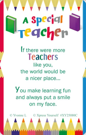 Show your appreciation for those incredible educators with our 'A Special Teacher' card. This heartwarming design features a vibrant border of colourful pencils and charming book illustrations, perfectly framing a truly touching message. The card reads: 'If there were more Teachers like you, the world would be a nicer place... You make learning fun and always put a smile on my face.' It's the perfect way for students or parents to say a big thank you. Stock up on this delightful card from Xpress Yourself, available in a convenient pack size of 1x6, ready to bring smiles to special teachers everywhere.