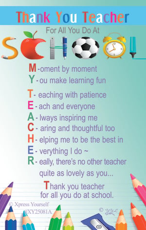 Express heartfelt gratitude with our charming 'Thank You Teacher' card, brought to you by Xpress Yourself. This beautifully designed card features a vibrant, school-themed illustration, complete with pencils, an apple, and a football, spelling out 'SCHOOL'. The front of the card presents a touching acrostic poem for "MY TEACHER," celebrating their patience, inspiration, and caring nature. It's a wonderful way to acknowledge all the hard work they do, making learning fun and helping students thrive. Ideal for end-of-term gifts or any moment you wish to show appreciation. Available in a convenient pack of 6, ensuring you're well-stocked for all your thank you needs. Let your teachers know just how much they're valued with this thoughtful and colourful design.