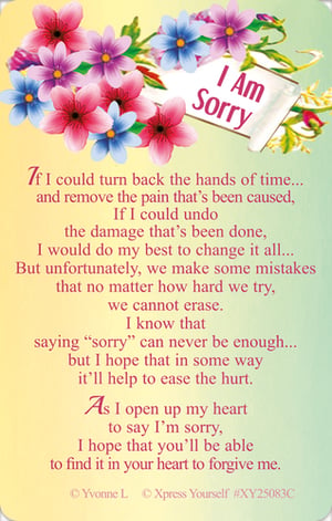 Help your customers convey their deepest apologies with this heartfelt 'I Am Sorry' card from Xpress Yourself. Featuring a beautiful array of colourful flowers and a gentle, soothing background, this card is designed to express sincere regret.
The touching message acknowledges the pain caused and the difficulty of undoing mistakes, offering a genuine plea for forgiveness. It beautifully articulates the sentiment that while 'sorry' may not be enough, it's a vital step towards healing. Perfect for those moments when a truly heartfelt apology is needed, this card provides comfort and hope for reconciliation.
Available in a convenient pack of 6, these cards are a thoughtful and essential addition to any greeting card selection.