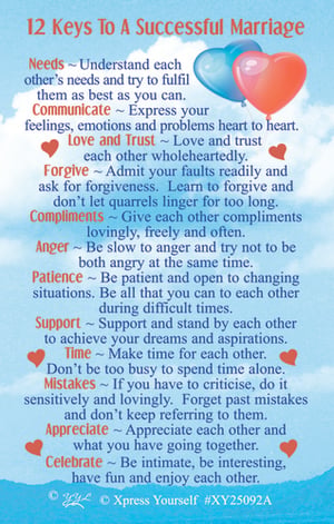 Help your customers unlock lasting happiness with our "12 Keys To A Successful Marriage" print from Xpress Yourself. This beautifully designed item offers invaluable wisdom for couples, covering essential aspects like open communication, mutual support, and heartfelt appreciation. Adorned with charming heart balloons, it serves as a gentle daily reminder to nurture love and understanding.
Perfect for anniversaries, weddings, or as a thoughtful gift for any couple, this inspiring piece is sure to resonate. Each pack contains 6 prints, making it an ideal addition to your giftware or stationery selection. Offer your customers a meaningful way to celebrate and strengthen their relationships.