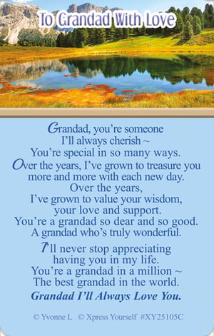 Help your customers celebrate their wonderful grandads with this heartfelt 'To Grandad With Love' card from Xpress Yourself. The beautiful design features a serene lake and mountain landscape, perfectly complementing the warm sentiment within. Inside, a touching verse expresses deep appreciation, cherishing a grandad's wisdom, love, and support. It lovingly declares him "one in a million" and "the best grandad in the world," promising everlasting love. This card is an ideal choice for birthdays, Father's Day, or just to show you care. Available in a convenient pack of 6, it's a must-have addition to your greeting card selection.