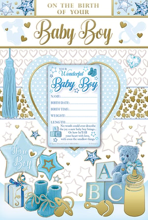 Celebrate the joyous arrival of a precious little one with our delightful 'Birth Congrats Boy' card! This charming design, from Xpress Yourself, is bursting with beautiful blue and gold accents, featuring twinkling stars, sweet hearts, and adorable baby essentials like tiny booties, a cuddly teddy bear, and classic ABC blocks. The central panel provides a wonderful keepsake space to record all those important birth details – name, date, time, weight, and length – making it a truly memorable gift for new parents. Each card expresses heartfelt congratulations, capturing the immense love and joy a baby boy brings. Available in a convenient pack of 6, these cards are perfect for your retail collection.