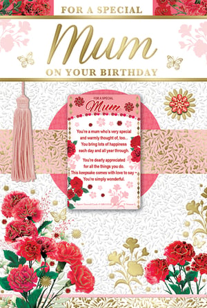 Celebrate Mum's special day with this exquisite birthday card from Xpress Yourself. Adorned with vibrant red carnations, delicate gold butterflies, and elegant pink and gold patterns, this card truly stands out. The design features a lovely tassel detail and a central keepsake that can be removed and treasured.
The heartfelt message inside the keepsake expresses warm appreciation: "You're a mum who's very special and warmly thought of, too... You're simply wonderful." It's the perfect way to show Mum just how much she means to you. This beautiful card is available in a convenient pack of 6, ready to delight your customers.