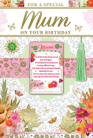 Make Mum's birthday extra special with this exquisite card from Xpress Yourself. Adorned with a luxurious gold "Mum" script, the design features a beautiful array of textured floral patterns, delicate butterflies, and vibrant watercolour blooms in shades of pink, green, and orange. A charming central panel presents a heartfelt poem, expressing deep appreciation for her caring nature and all she does, making her feel truly cherished. Complete with an elegant green tassel, this card is a wonderful way to convey love and special thoughts. Supplied in a convenient pack of 6.