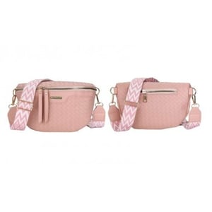 Introduce a pop of contemporary style to your customers' wardrobes with the Equilibrium Woven Look Bum Bag in Pink. This chic accessory combines fashion and functionality, perfect for those on the go. Crafted with a beautiful woven-effect finish, its soft pink hue offers a versatile touch to any outfit.

The standout feature is its eye-catching, wide adjustable strap, adorned with a modern chevron pattern in complementary pink and white tones. Gold-tone hardware adds a touch of elegance, while the secure zipped compartments keep essentials safe and easily accessible. Ideal for festivals, city breaks, or everyday errands, this bum bag allows for hands-free convenience without compromising on style. A truly fashionable and practical piece, it's sure to be a popular choice.