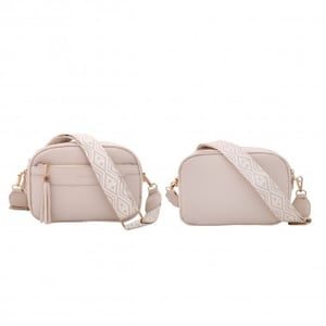 Elevate your accessory range with our Equilibrium Front Pocket Cross Body Bag in Cream. This chic and practical bag is designed for everyday elegance, making it a versatile addition to any wardrobe. It features a convenient front pocket and a secure main compartment, perfect for keeping essentials organised. The adjustable, wide strap boasts a stylish geometric pattern, adding a contemporary touch. Complemented by elegant gold-tone hardware and a charming tassel detail, this cream cross-body bag offers both style and functionality. Your customers will love its effortless appeal. Supplied by Y and L Company Ltd.